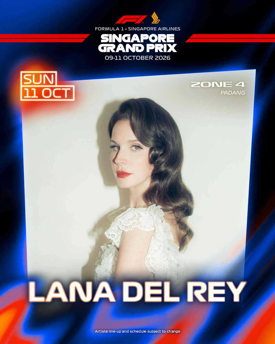 Lana Del Rey 将于 10 月 11 日在 F1 新加坡大奖赛演出。网
