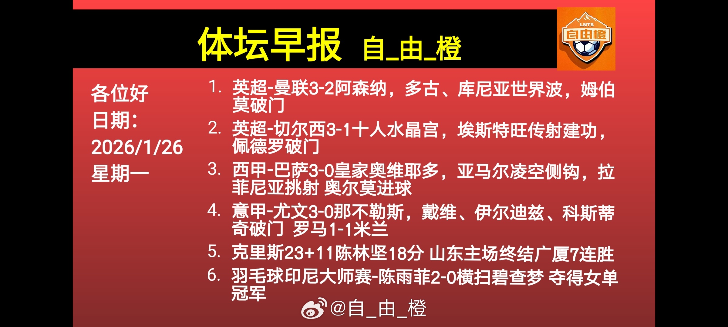 早安！自由橙体坛早报每日橙语