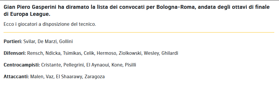罗马公布客场对阵博洛尼亚大名单，苏莱缺席，埃尔莫索回归，曼奇尼停赛。 