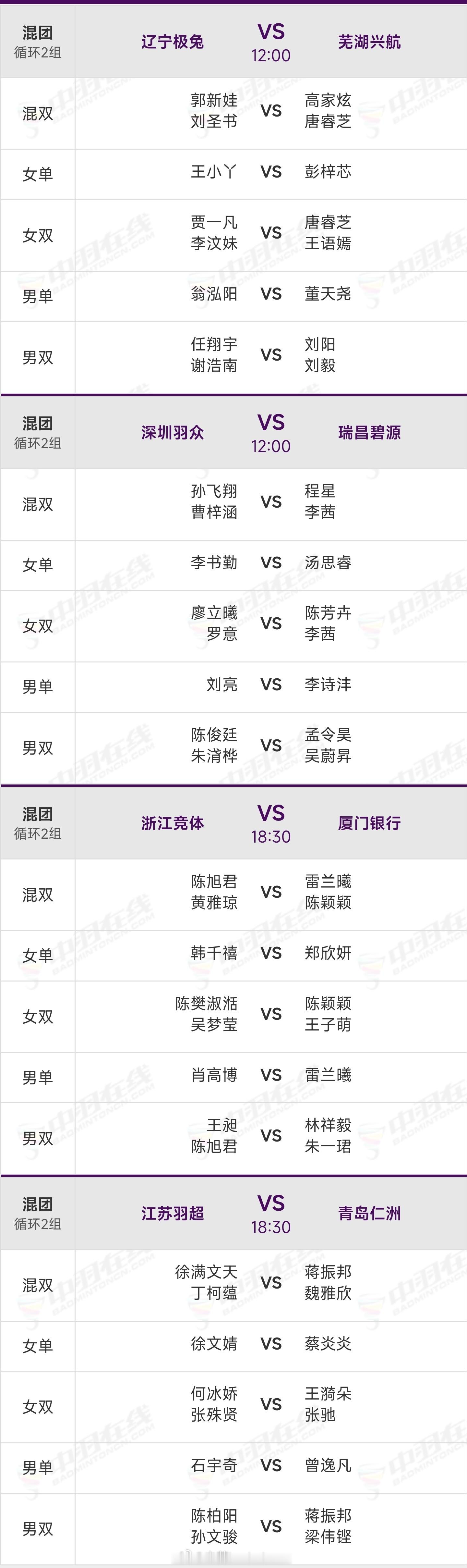 羽超联赛12.12日赛程（图1）｜12.11日赛果（图2）⭐12.12看点：黄雅