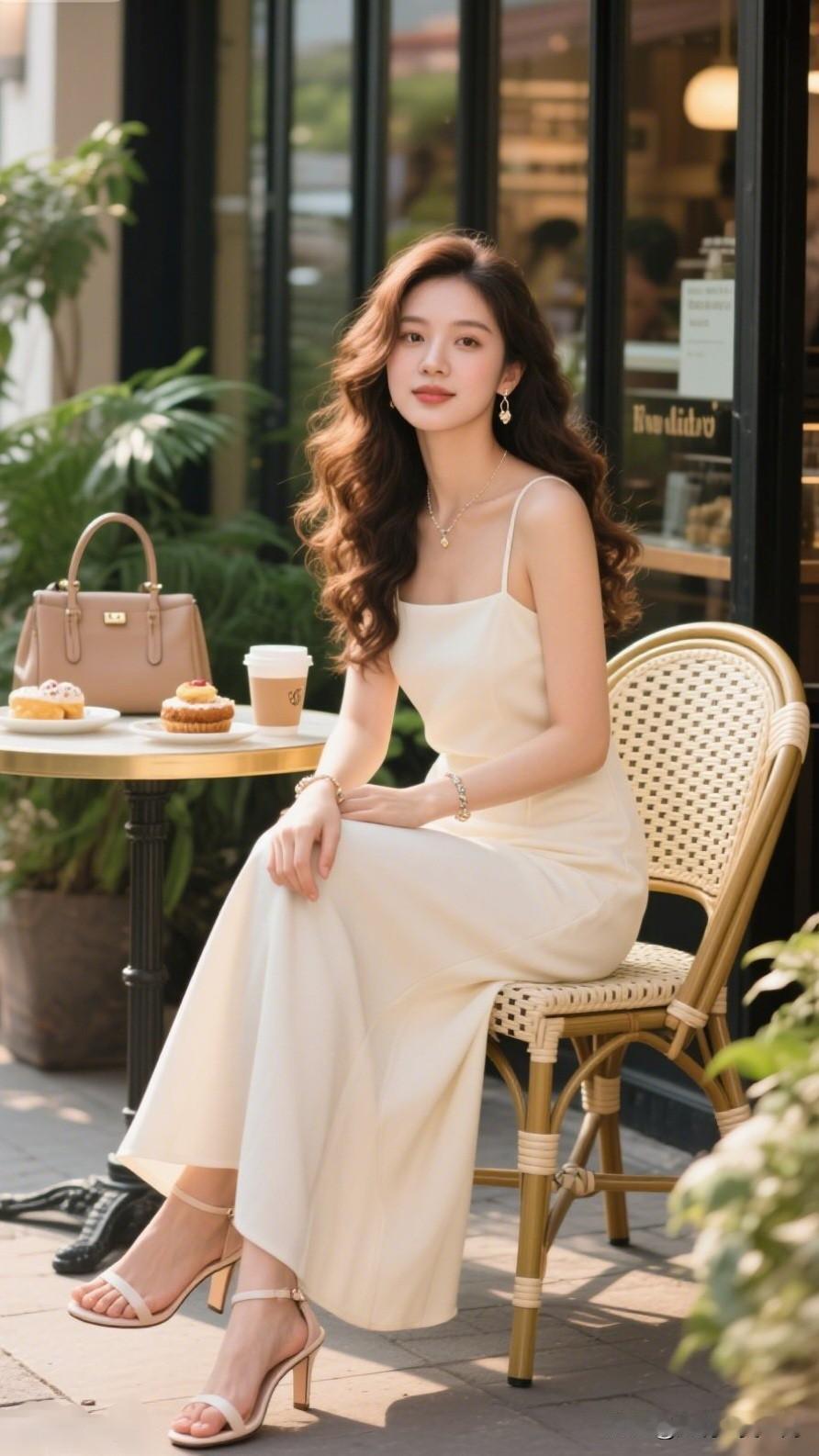 优雅下午茶时光，浅黄色连衣裙搭配精致手袋，享受宁静的午后。分享生活美好时刻