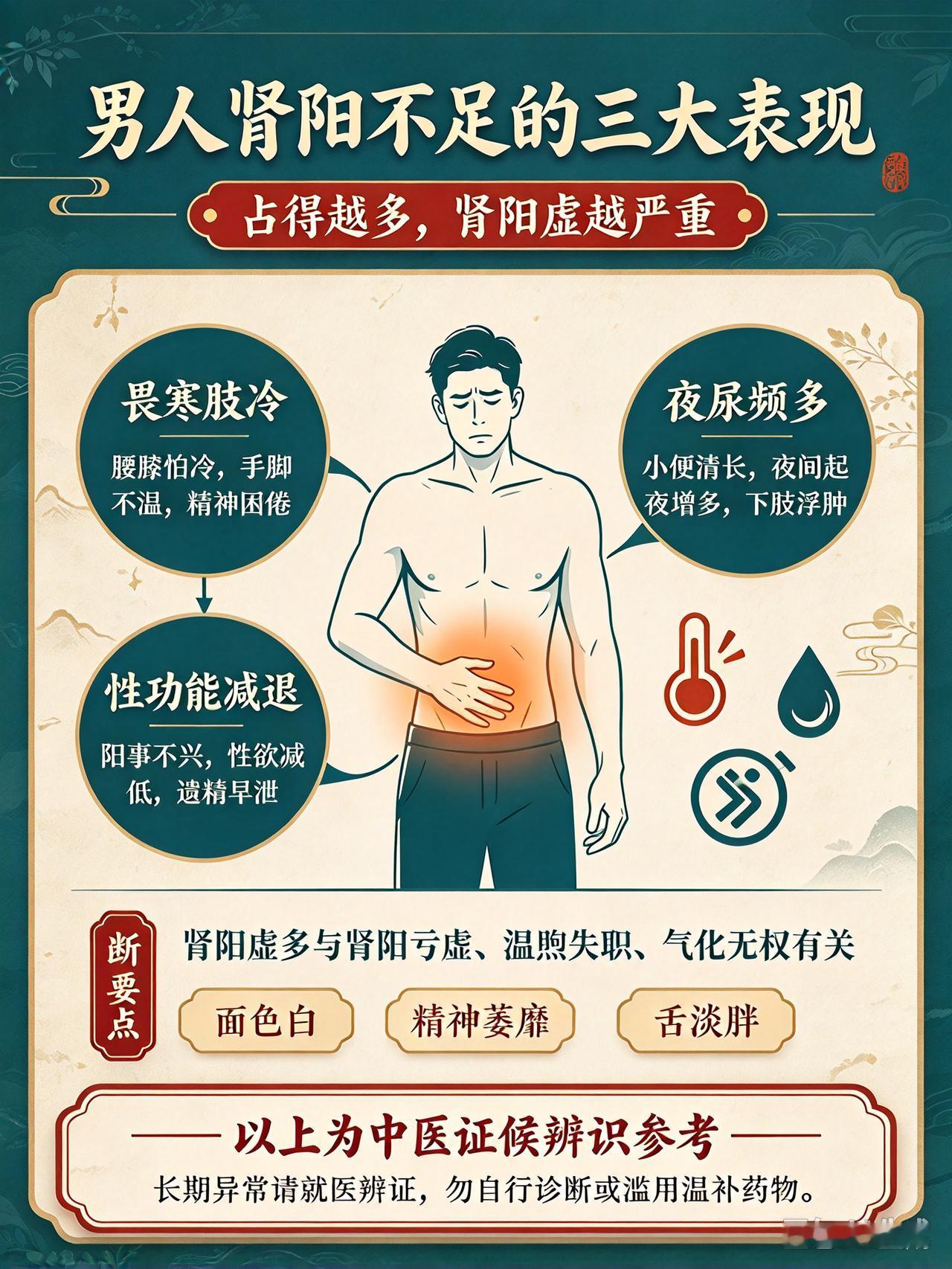 男人肾阳不足的三大表现，占的越多，肾阳虚越严重！

第一个，夜尿频繁，小便次数多