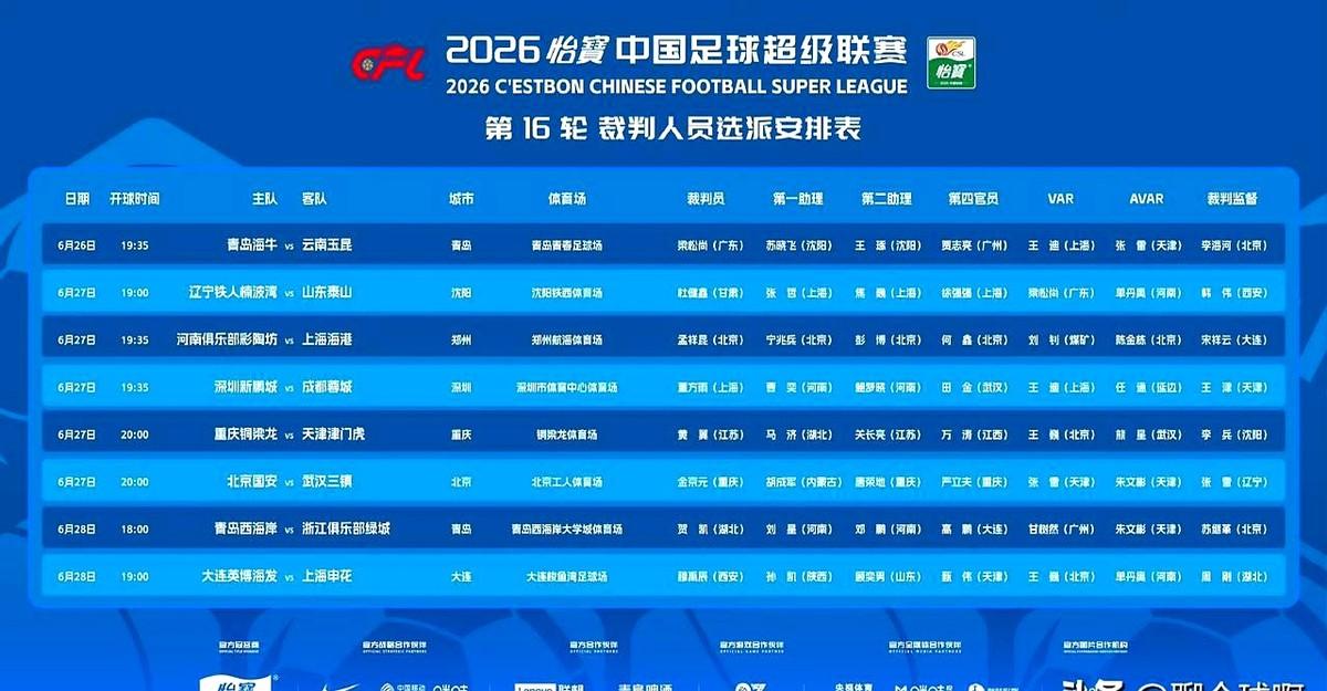 6月26日上午10点整，中国足协官方公布了中超联赛第16轮裁判员指派。
就前几天