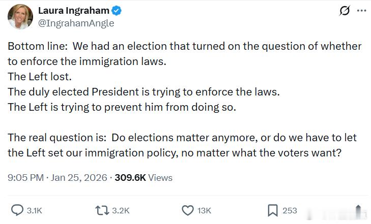劳拉·英格拉姆：我们经历了一场选举，而这场选举的关键议题之一，就是是否执行移民法