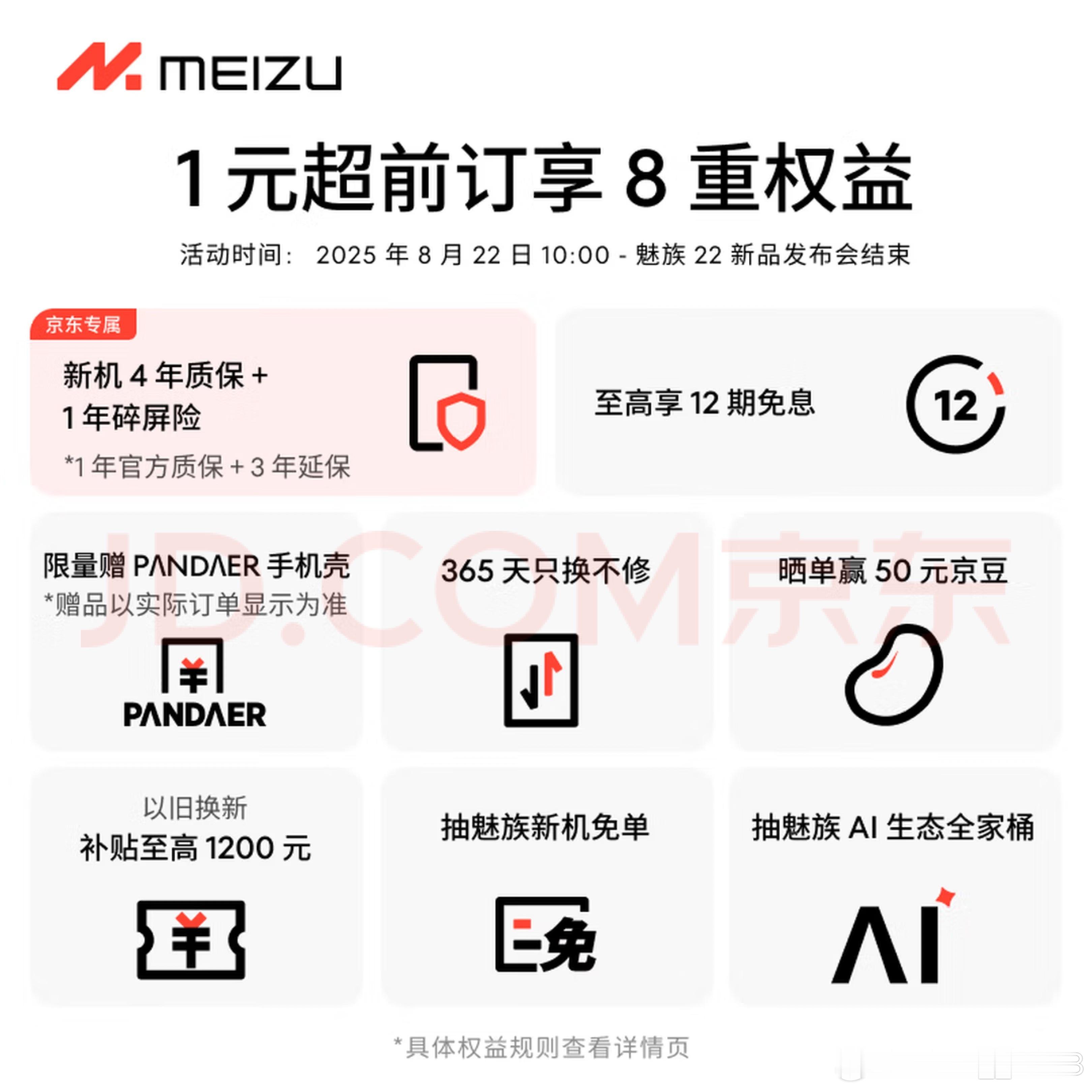 这次魅族22发布即开售，预定权益还是挺不错的四年质保+一年碎屏险+pandaer