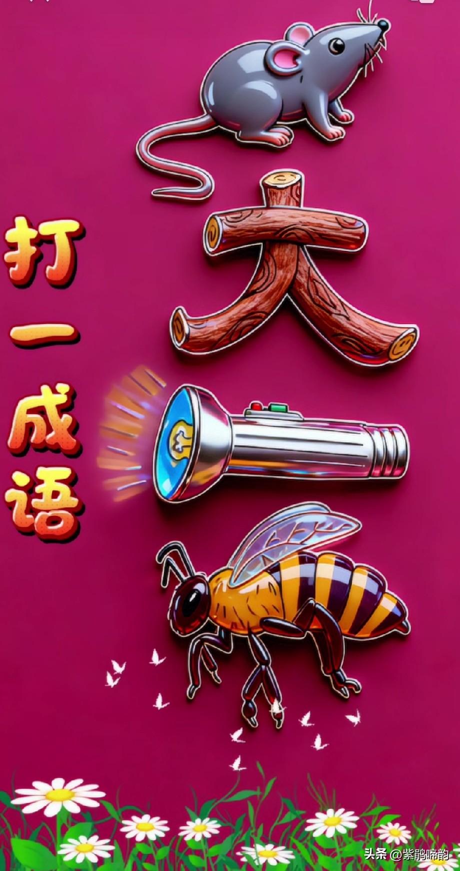 看图打一成语。上图中有一只老鼠，老鼠下面是一个大字，大字下面是一个手电筒，手电筒