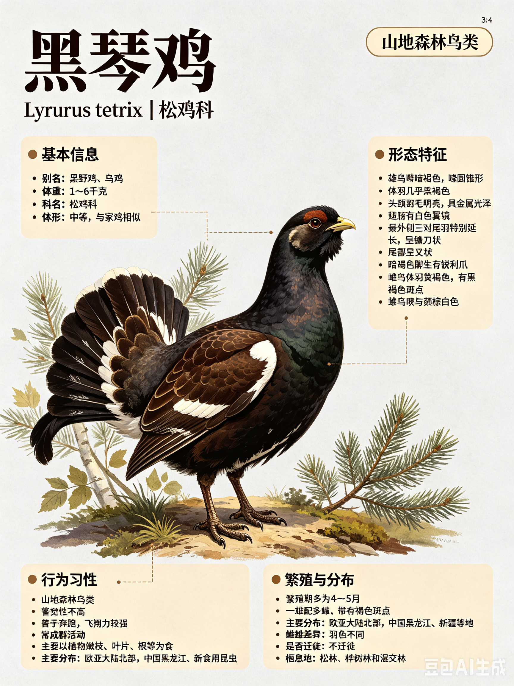 鸟类朋友图鉴 黑琴鸡科名：松鸡科体重：1～6千克别名：黑野鸡、乌鸡黑琴鸡为山地森