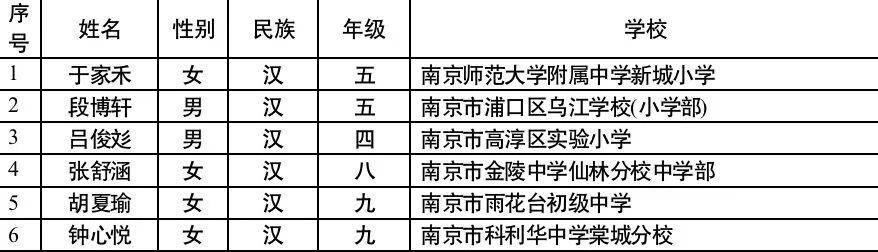 国家级奖学金公示！南京6名中小学生入选
近日，教育部官网发布《第十七届宋庆龄奖学