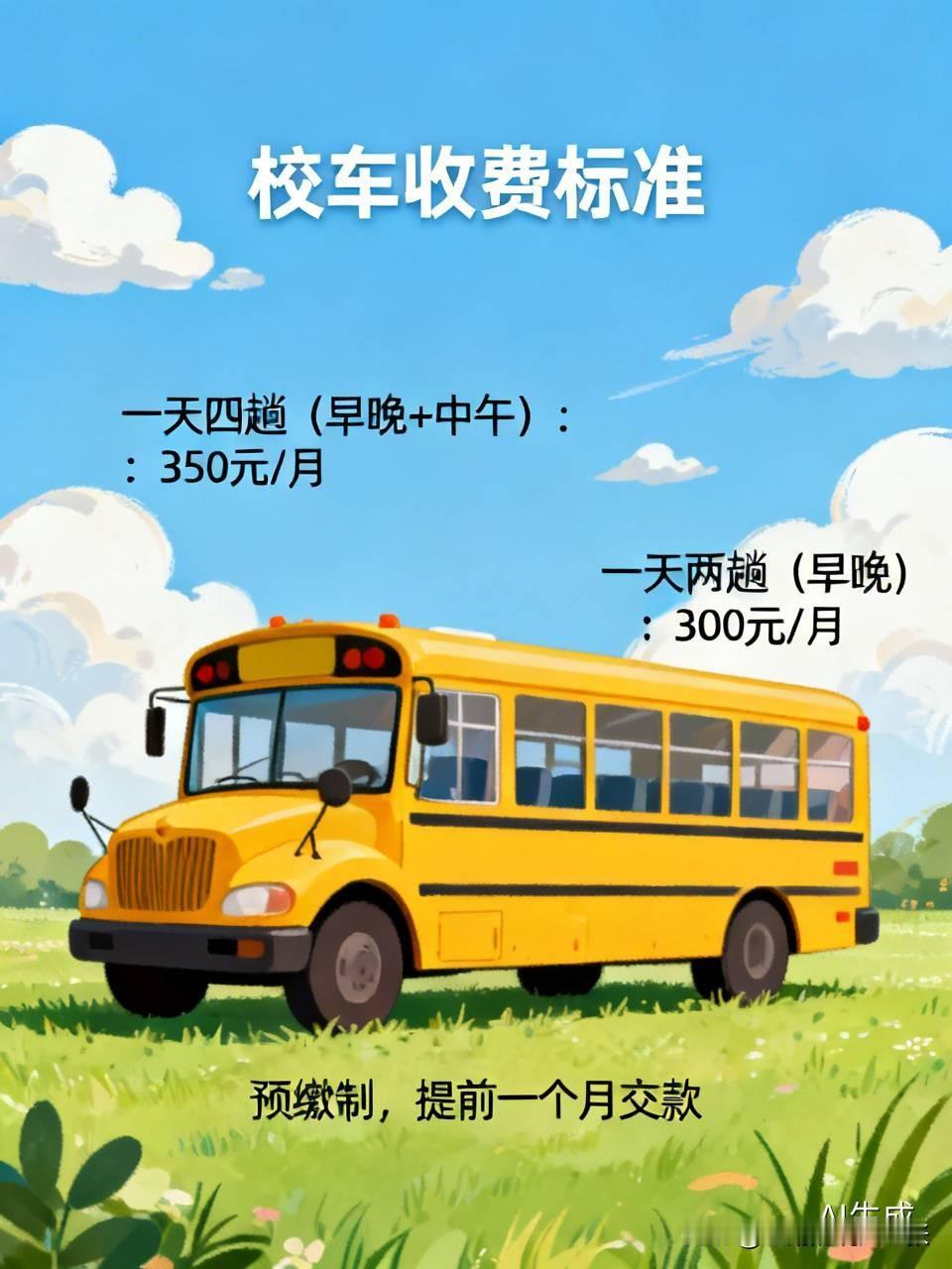 校车收费，一天早上中午晚上接送四趟是350元每月，一天早上晚上接送两趟是300元