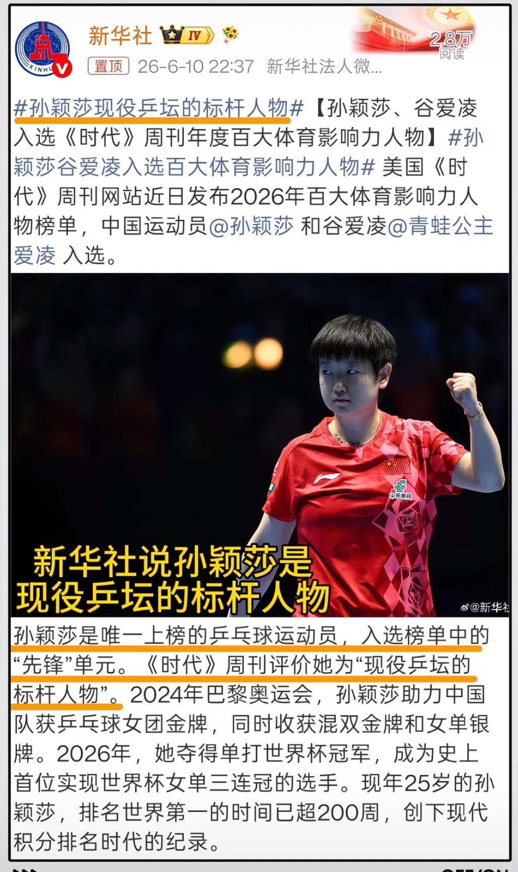 新华社6月10日晚发文：孙颖莎是现役乒坛的标杆人物！
孙颖莎 谷爱凌入选时代周刊