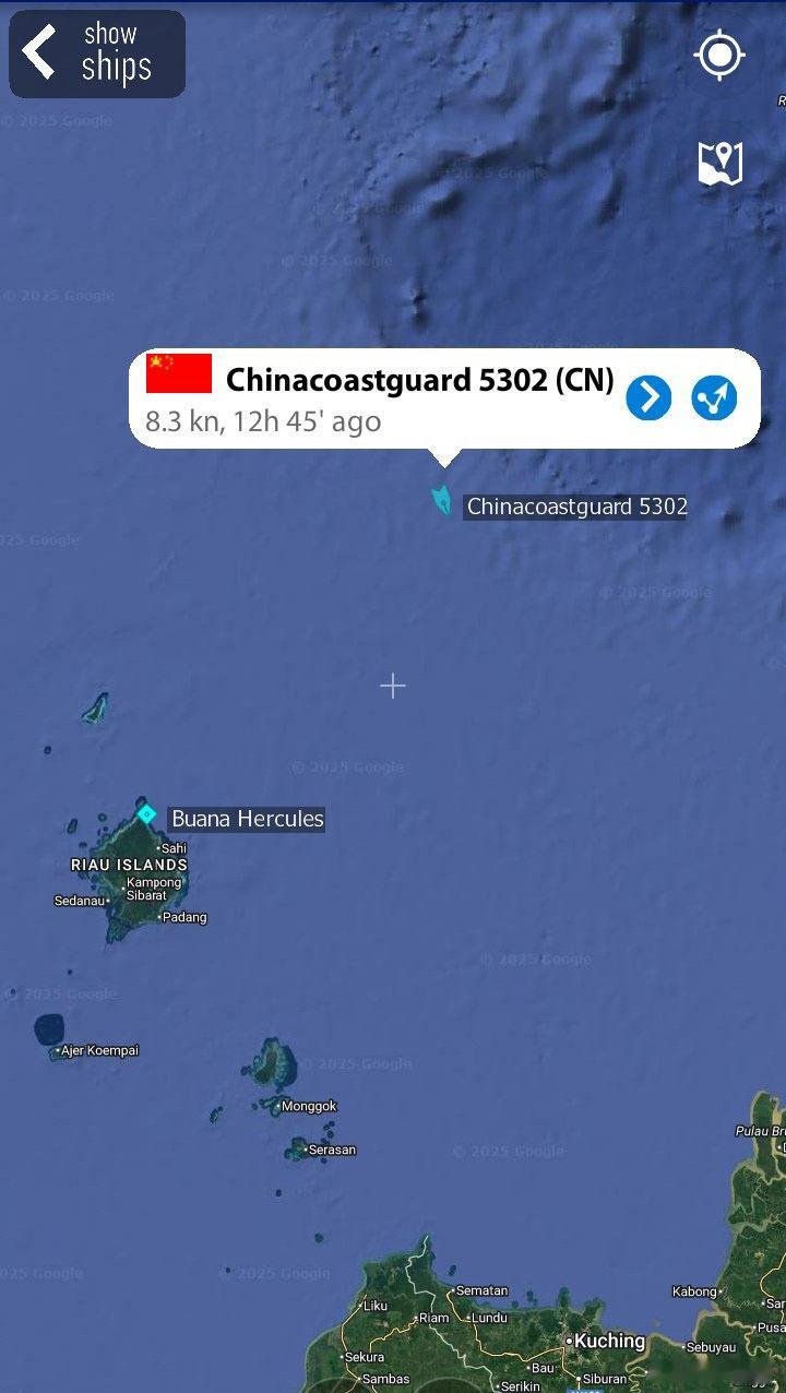 中国海警5302舰也在南海西南海域巡航：左下方是印尼纳土纳群岛南海态势 ​​​