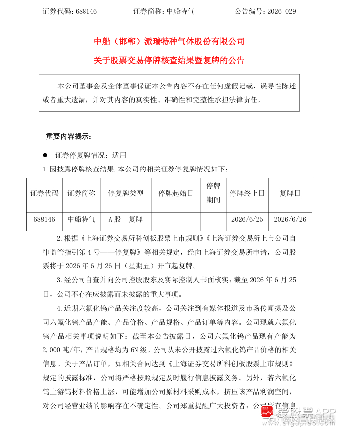 a股 $中船特气 sh688146$ 【中船特气：股票交易停牌核查已完成 将于6
