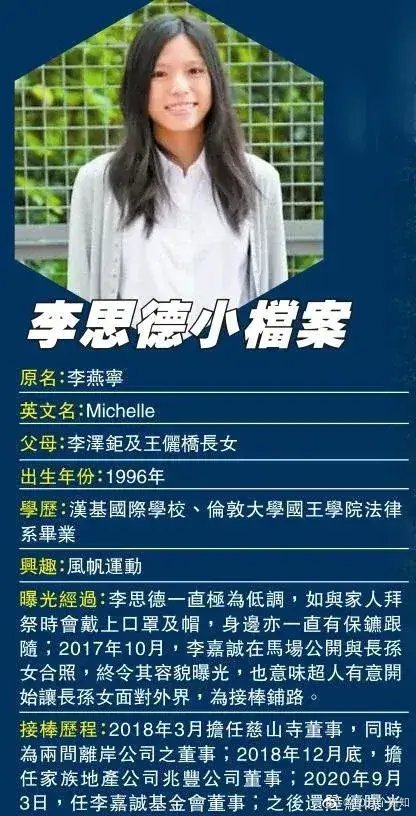 李嘉诚第3代长孙女李思德小档案。这妹子应该比王x聪等内地富二代还要有钱。李嘉诚作