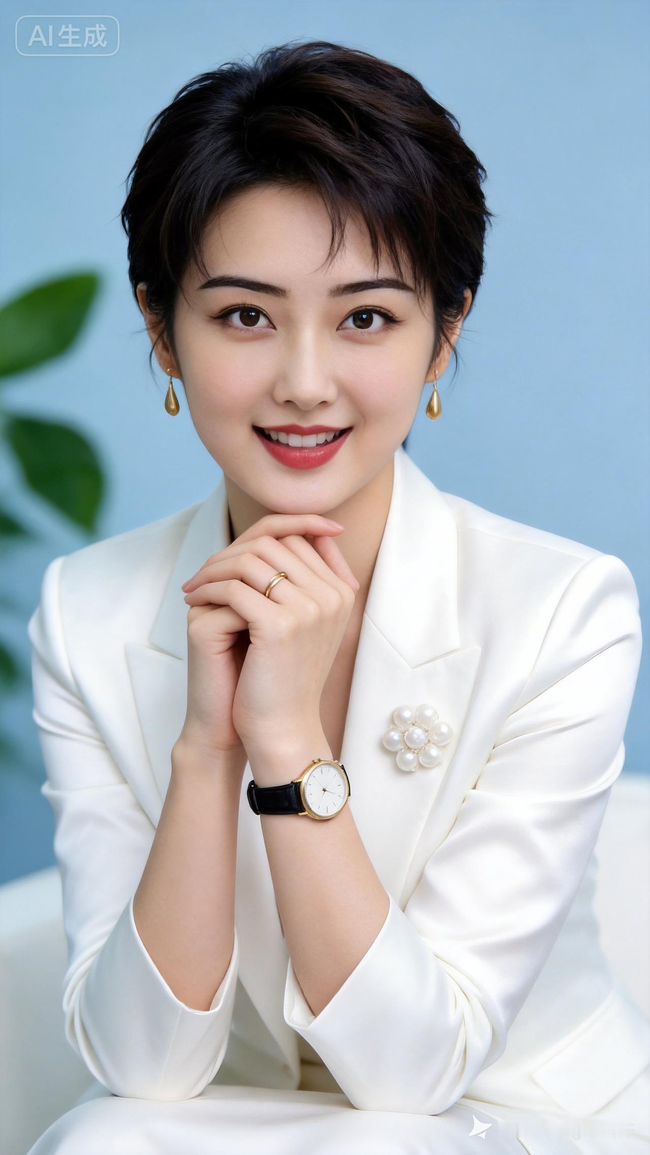 三十岁东亚知性女士，层次感利落短发，清透淡妆温婉浅笑。身着淡蓝色哑光修身西装，金