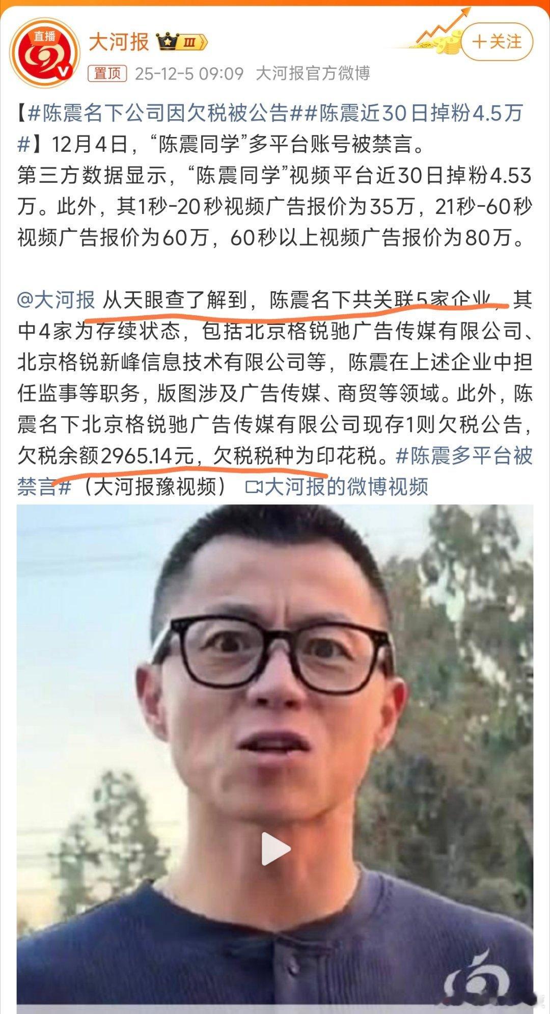 确认了，欠税金额2965.14元，没有万。文中说，陈震同学视频报价，1秒-20秒