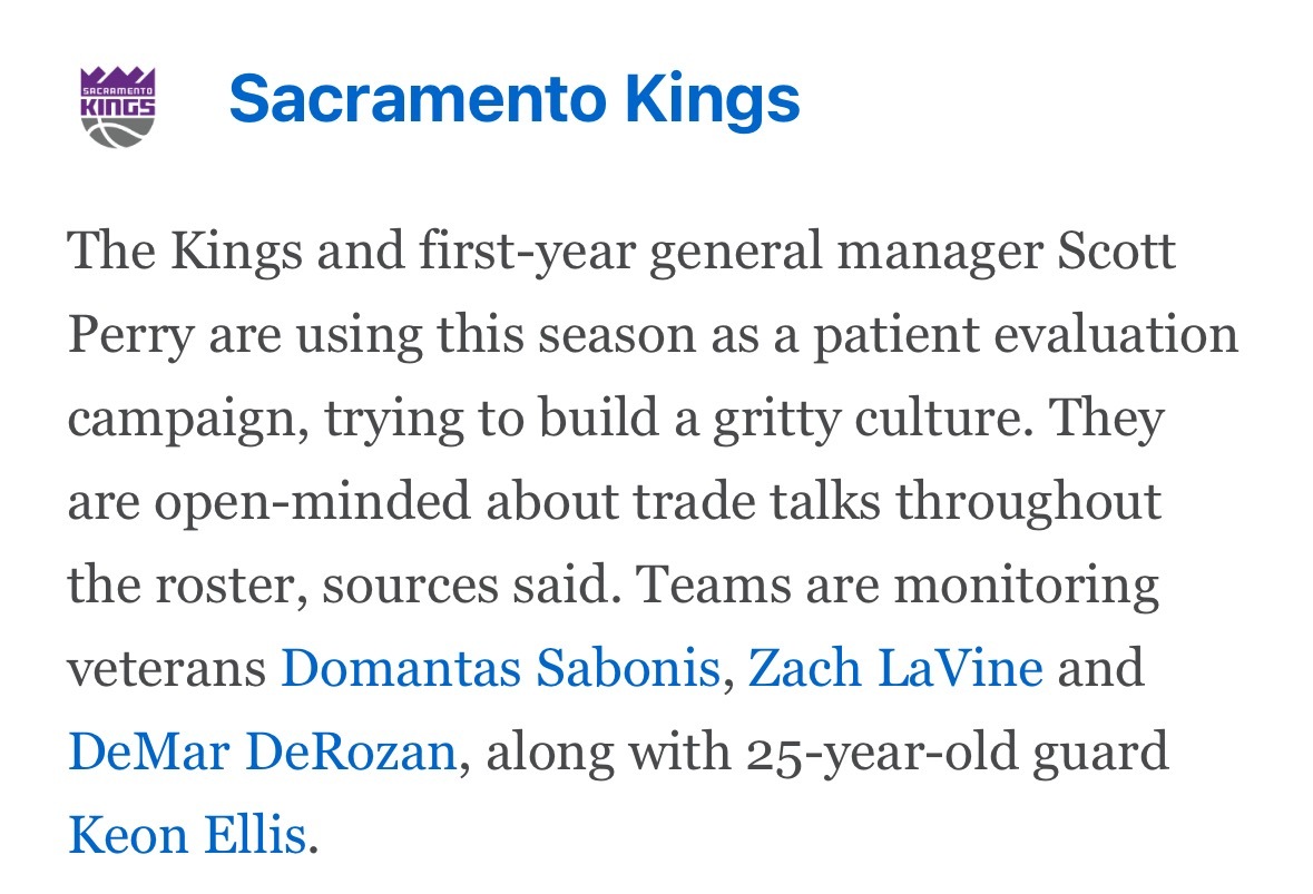 Shams：国王队及其新任总经理佩里正将本赛季当作一段耐心考察的磨合期，致力于打