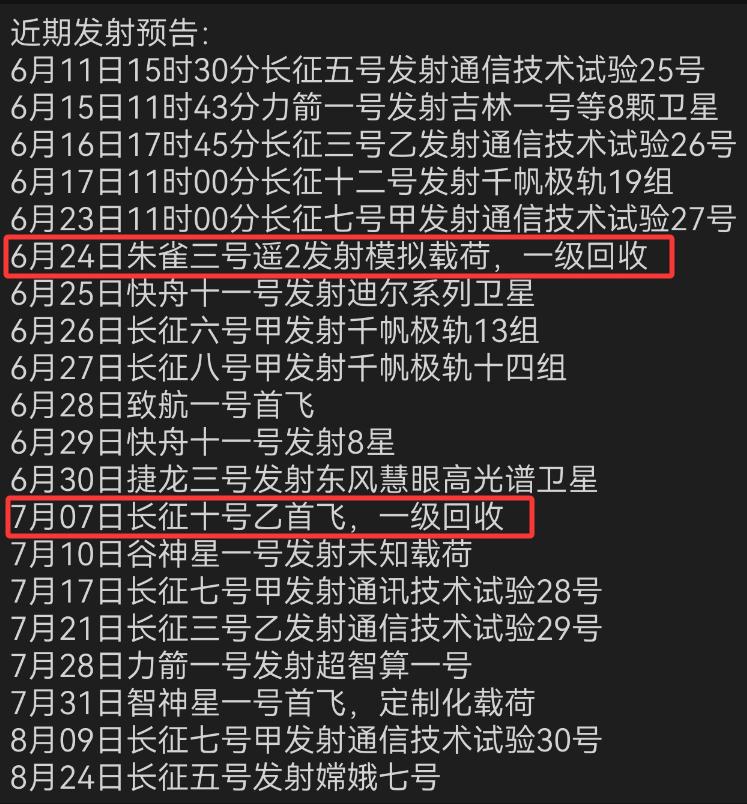 六七月份的航天发射任务计划拍得非常满，有两个方面值得重点关注。首先就是可回收火箭
