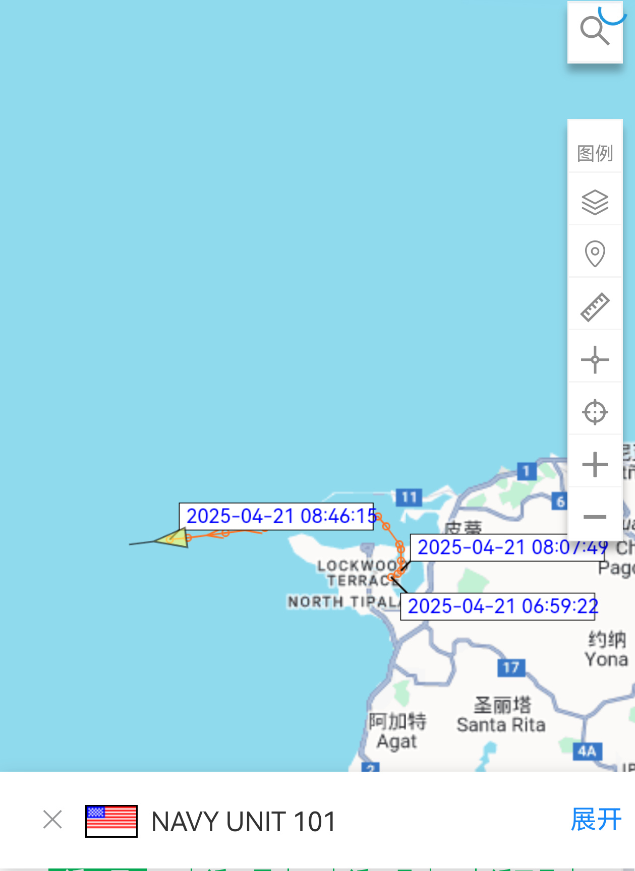 尼米兹号离开关岛——AIS信号显示，4月21号，美国海军阿利伯克级驱逐舰格里德利