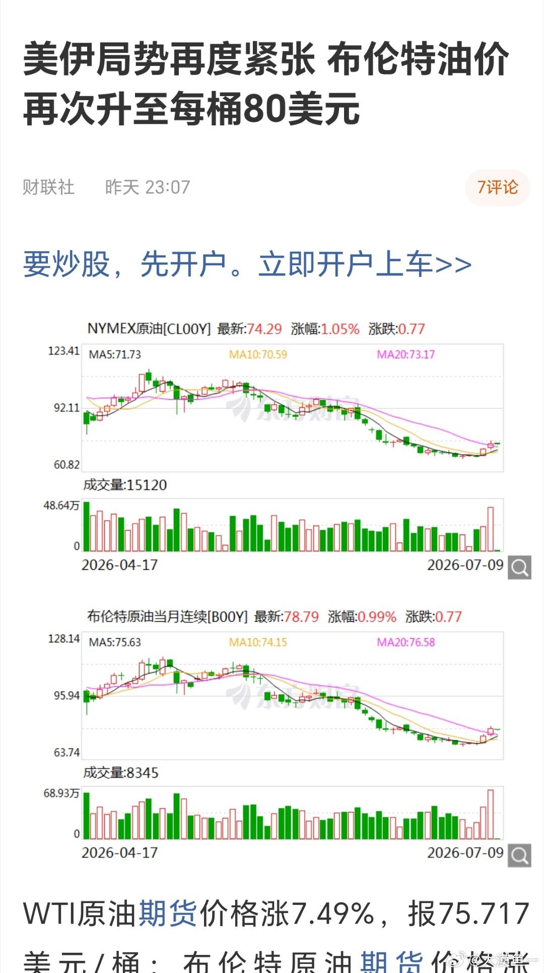 美伊局势再度紧张布伦特油价回升 刚刚走低的油价随着美伊局势的再度紧张，昨天突破8
