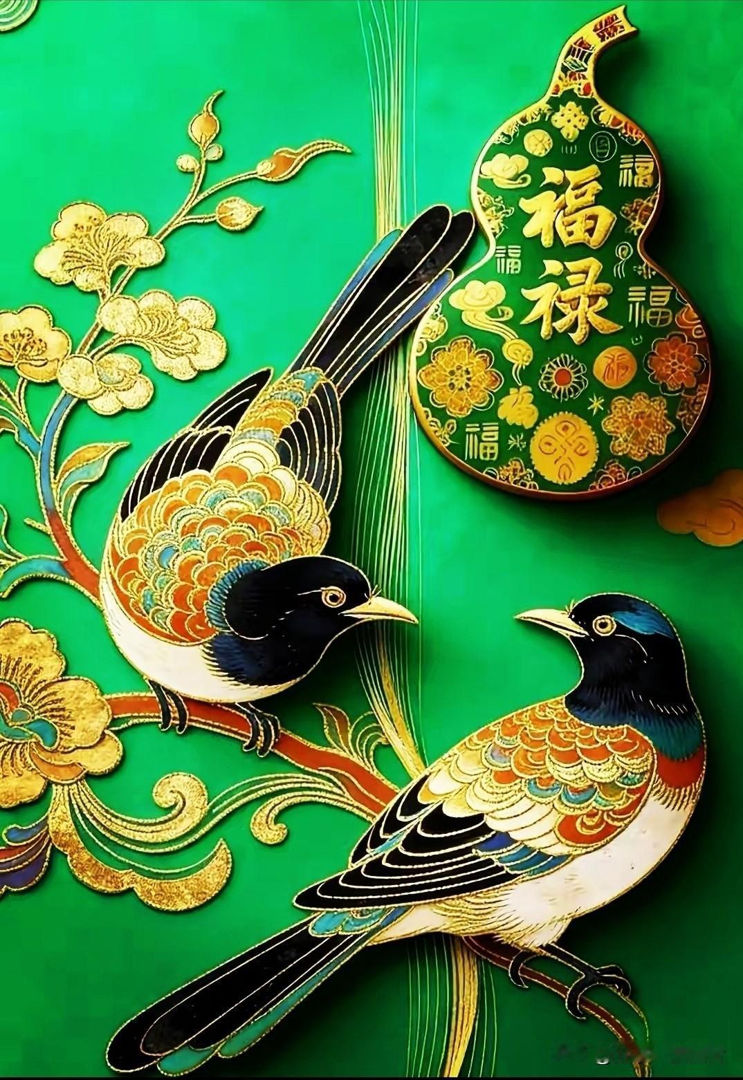 鹊登枝送喜，葫芦藏吉兆。