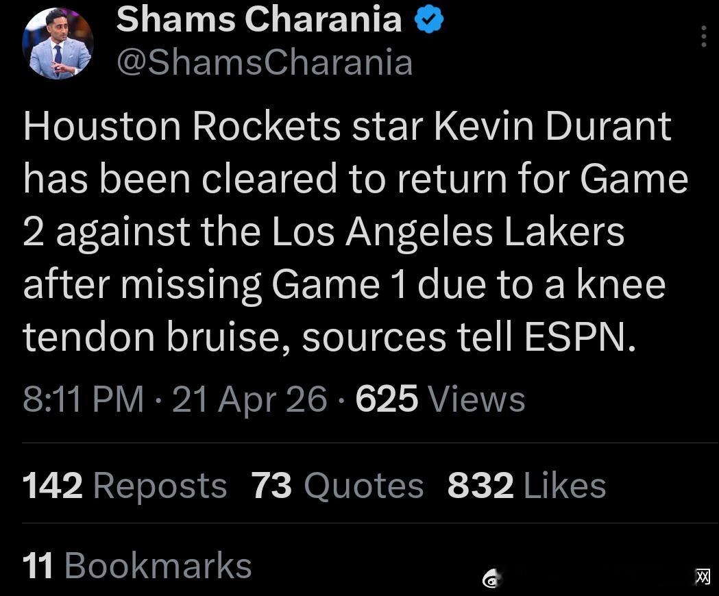 Shams： 杜兰特第二场可以上场 