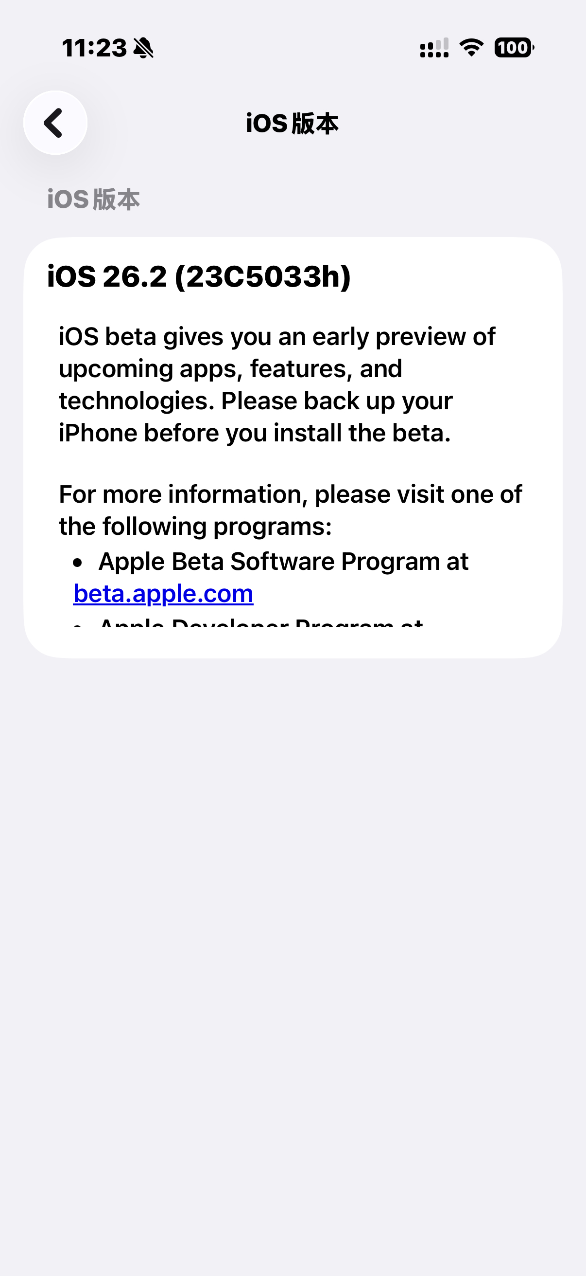 汇报一下，机器 iPhone 17 标准版，升级了 iOS 26.2 beta 