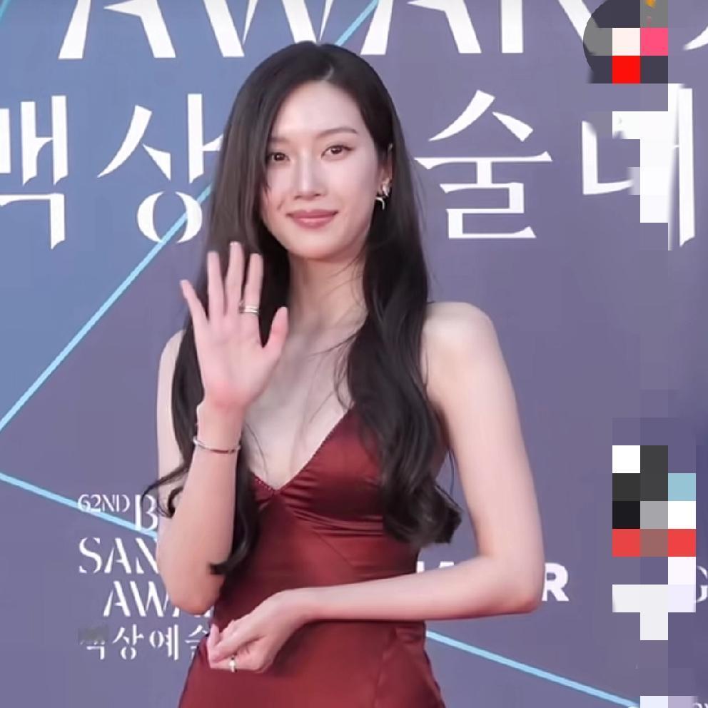 这次韩国百想艺术大奖上，
文佳瑛的战袍在所有女艺人里是最吸睛的，
酒红色高开叉丝