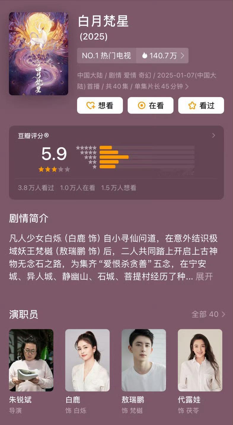 白月梵星开分5.9 电视剧白月梵星豆瓣开分5.9分。 