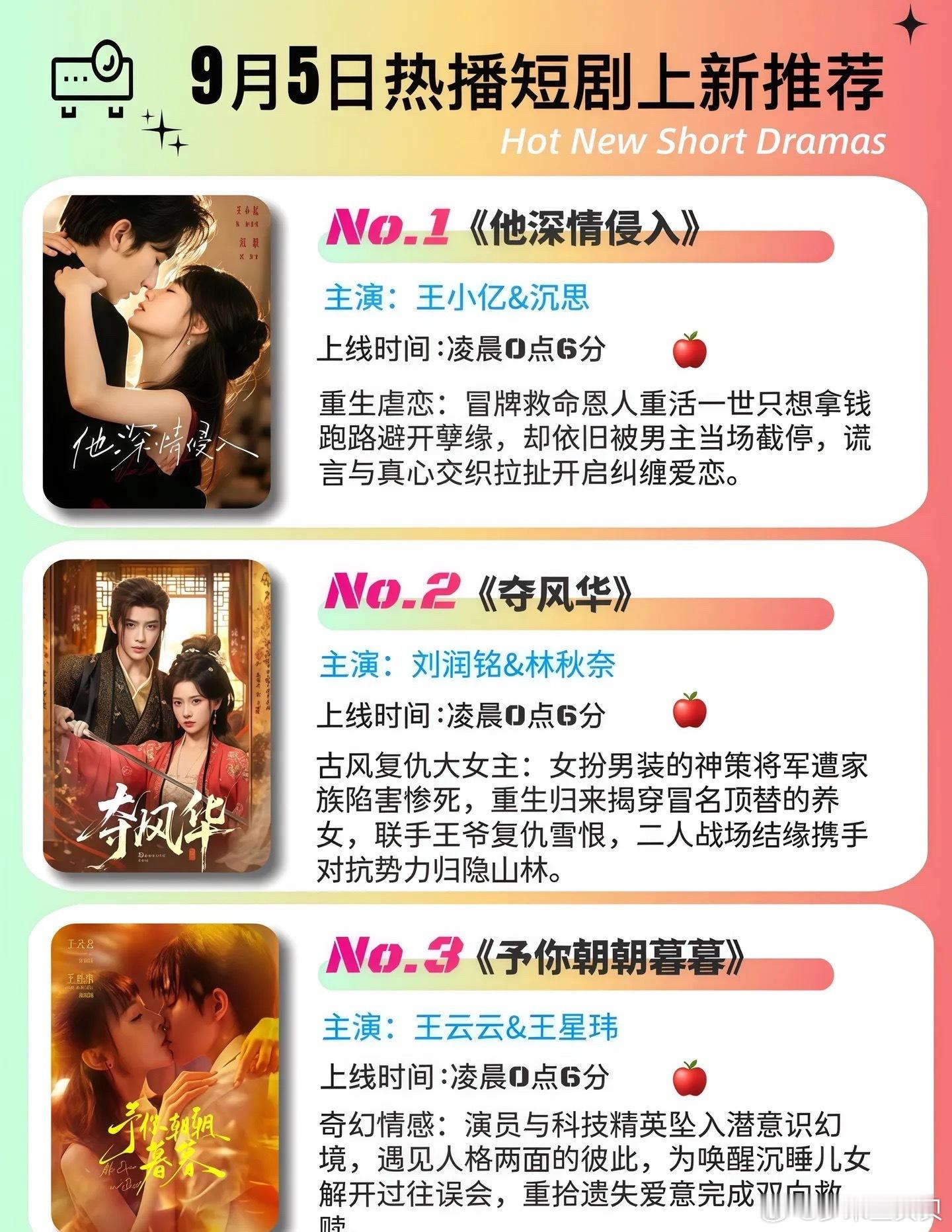 9月5日上新短剧推荐！你刷了哪一部？✅今日上新短剧剧单：《他深情侵入》  王小亿