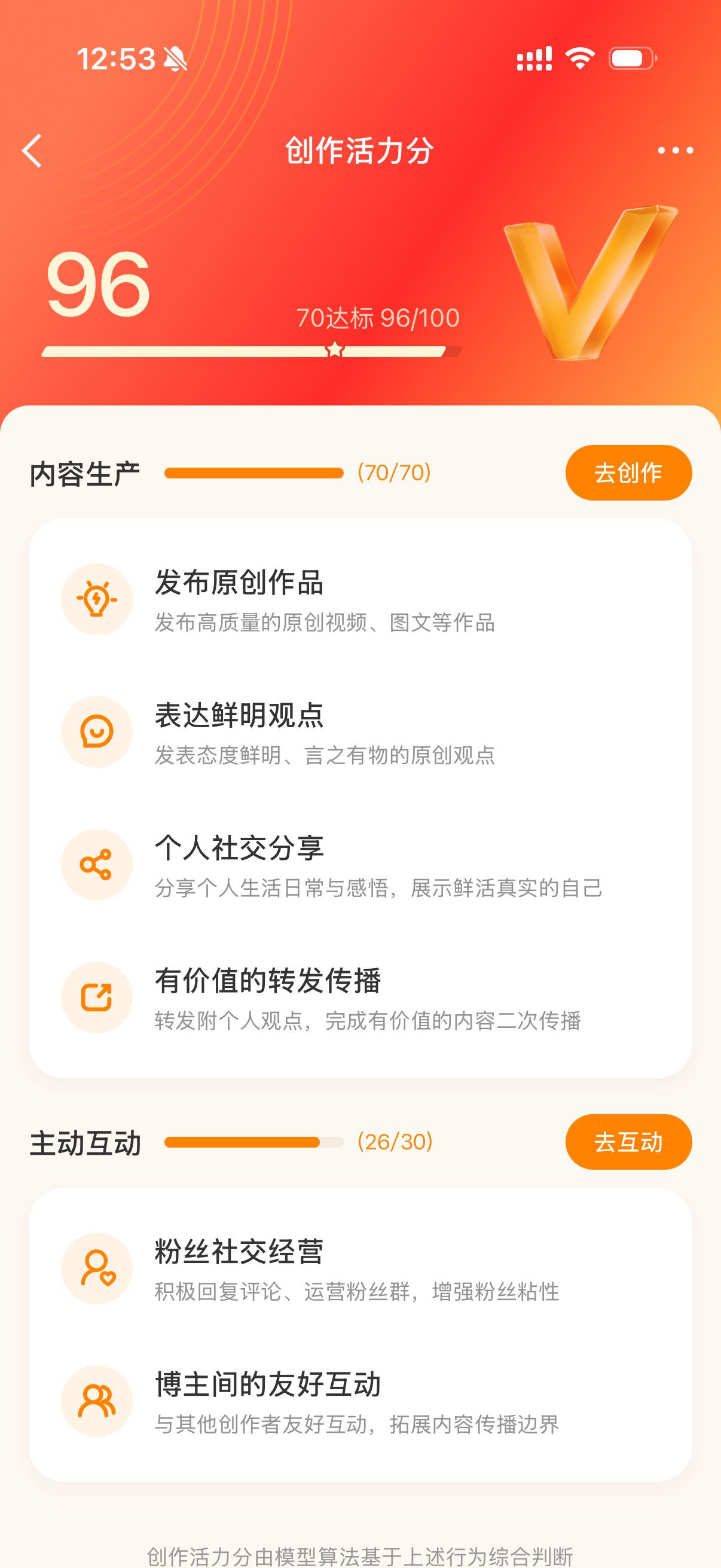 微博上了个「创作活力分」，我的主动互动差了四分，不然就满分了。看来以后得多回大家