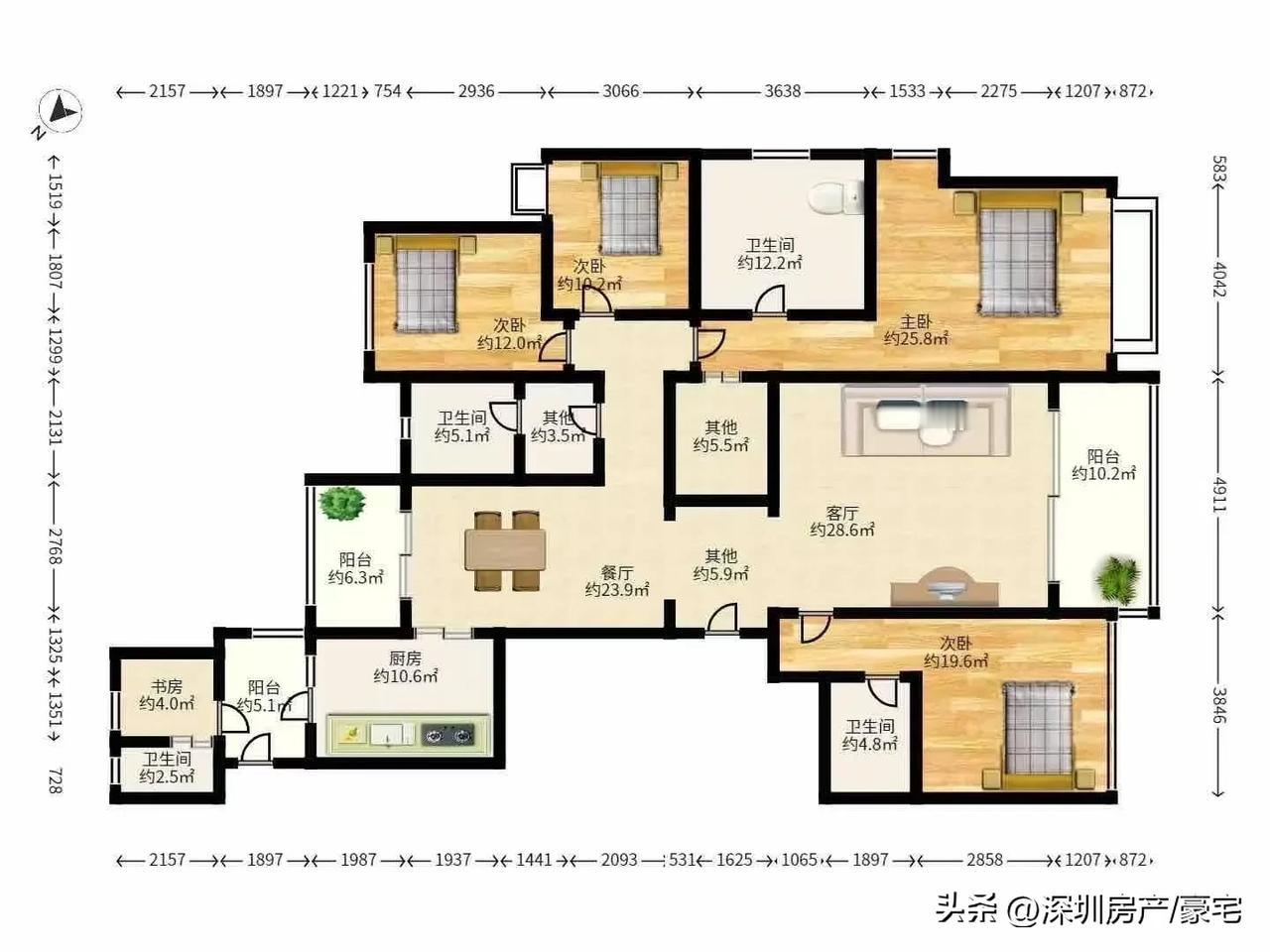 香蜜湖新出笋盘了
188.41㎡ 4➕1房2厅1厨4卫3阳台
南北通透 纯板楼 