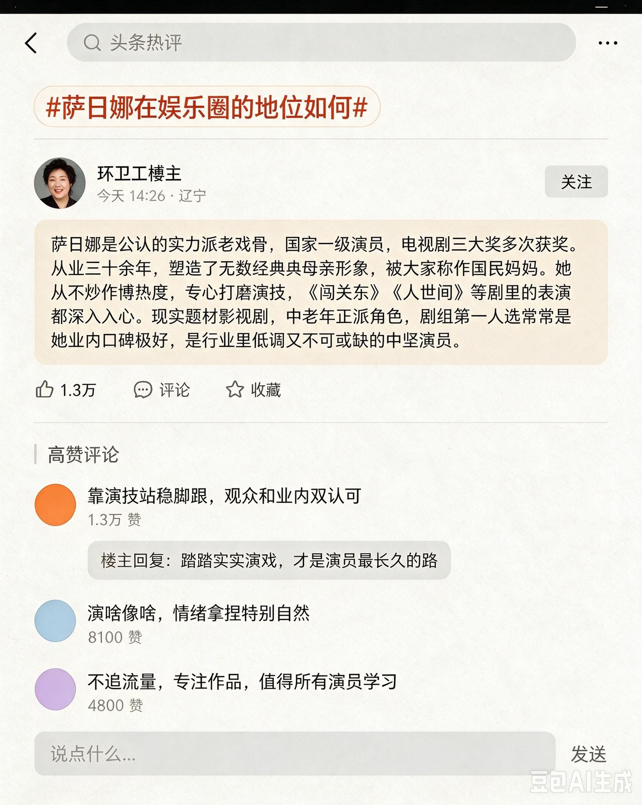 萨日娜在娱乐圈的地位如何萨日娜是公认的实力派老戏骨，国家一级演员，手握电视剧三大
