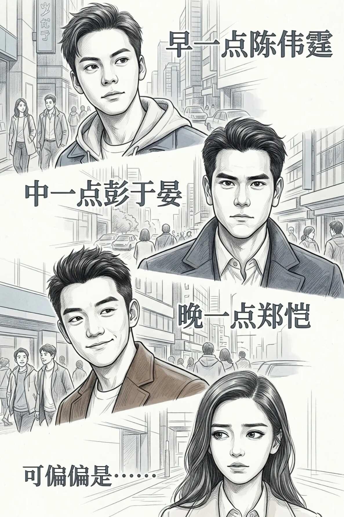 Angelababy的感情经历
早一点陈伟霆，中一点彭于晏，晚一点郑凯，可偏偏是