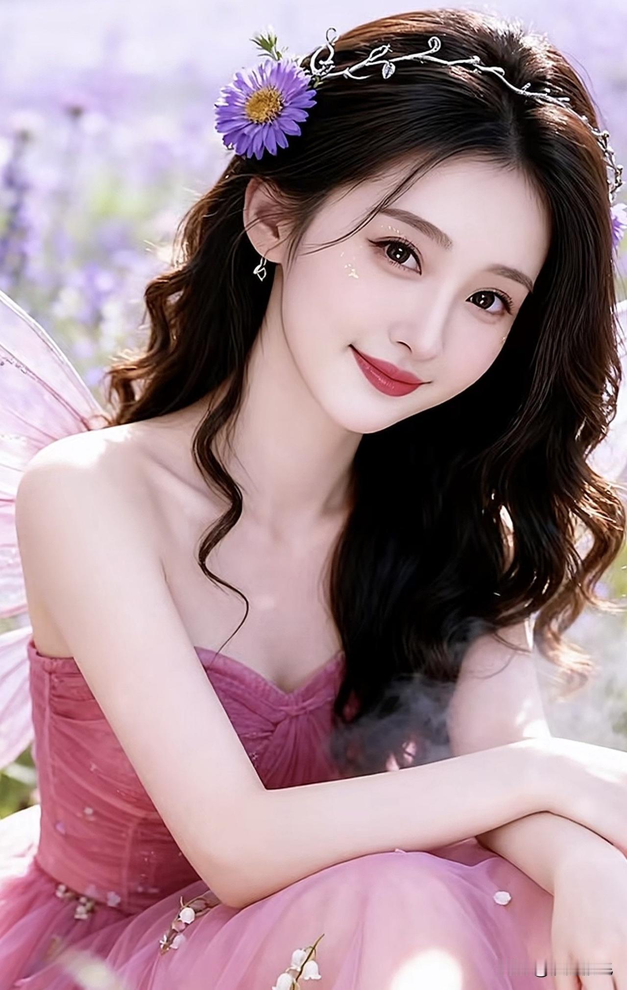 梦幻仙境中的小仙女，粉裙飘飘，花环点缀，宛如童话世界中的公主。梦幻森林仙女 粉纱