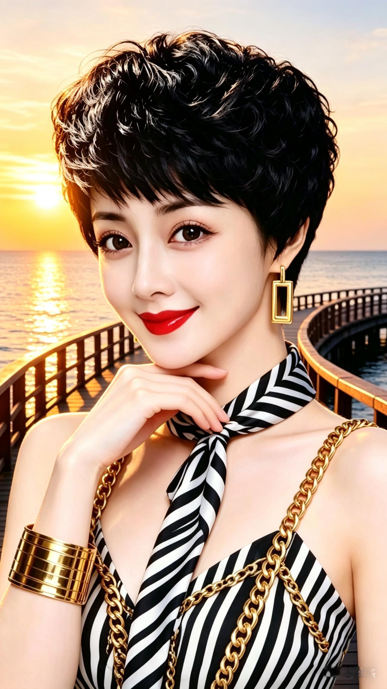 美女五官精致，短发，妆容靓丽，条纹服饰，于夕阳海边木栈道，落日暖调光影，人物边缘