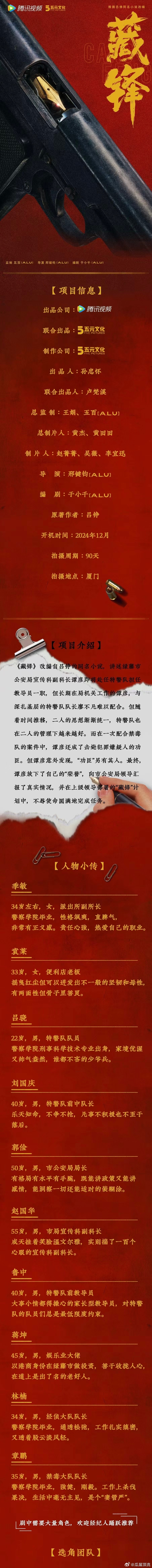 五元文化剧集《藏锋》组讯导演：邢键钧（《猎罪图鉴》《三大队》）编剧：于小千（《漫