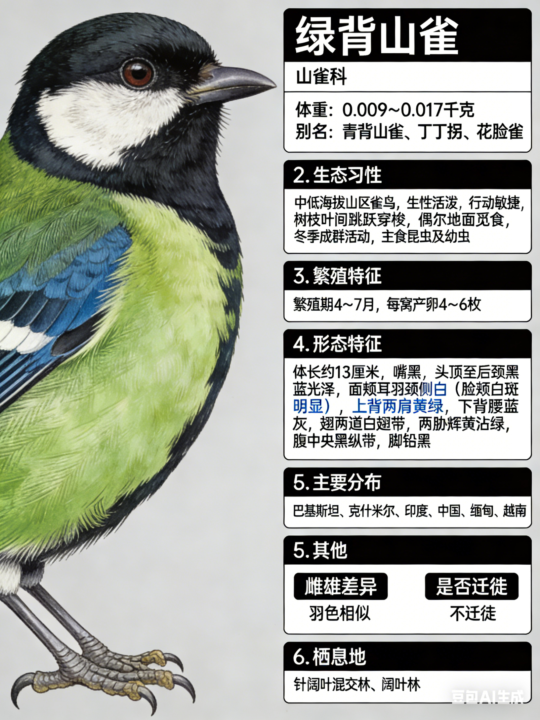 鸟类朋友图鉴 绿背山雀科名：山雀科体重：0.009～0.017千克别名：青背山雀