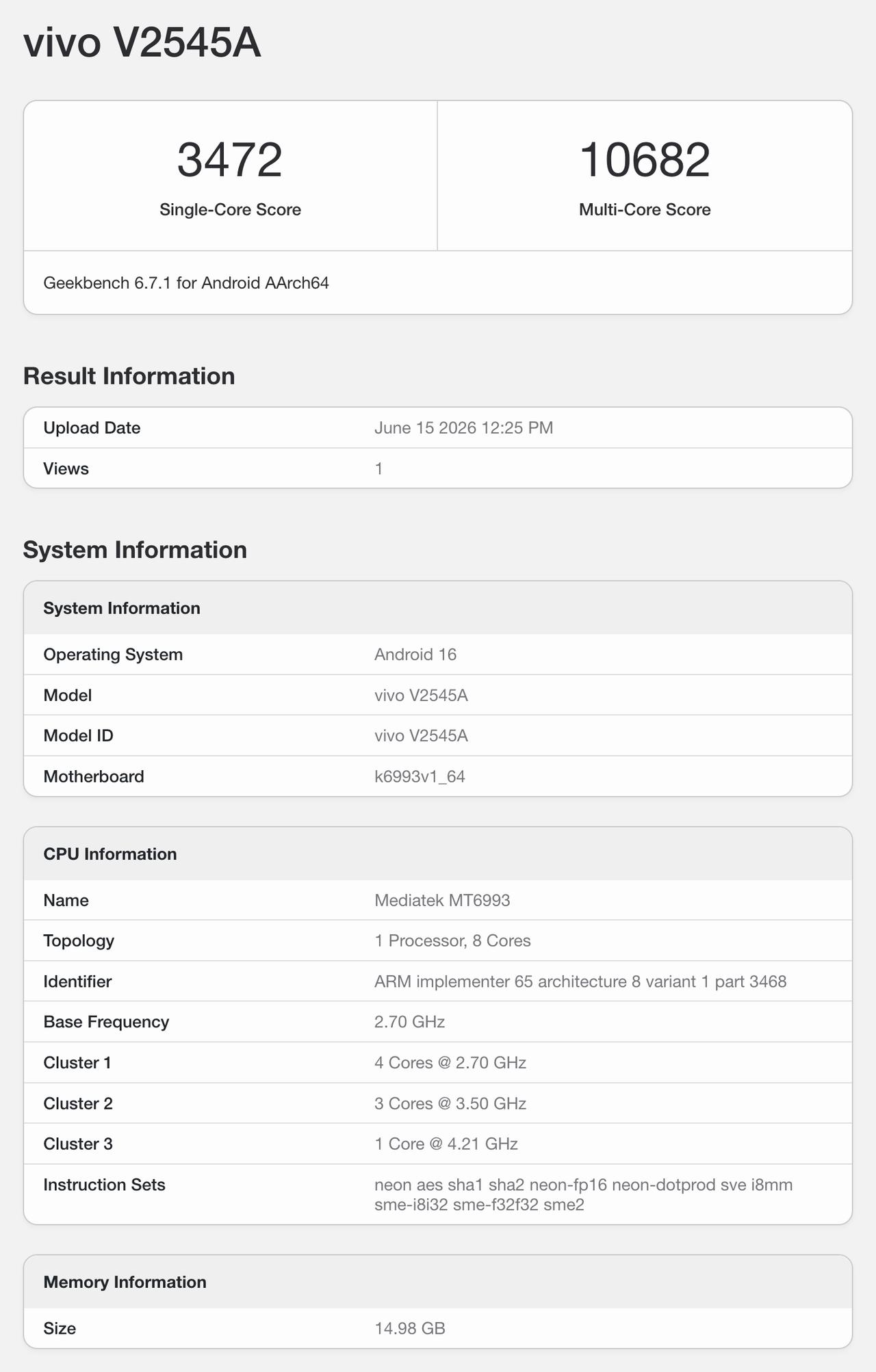 iQOO 新机 V2545A 登上 Geekbench 6 官网，预计为 iQO