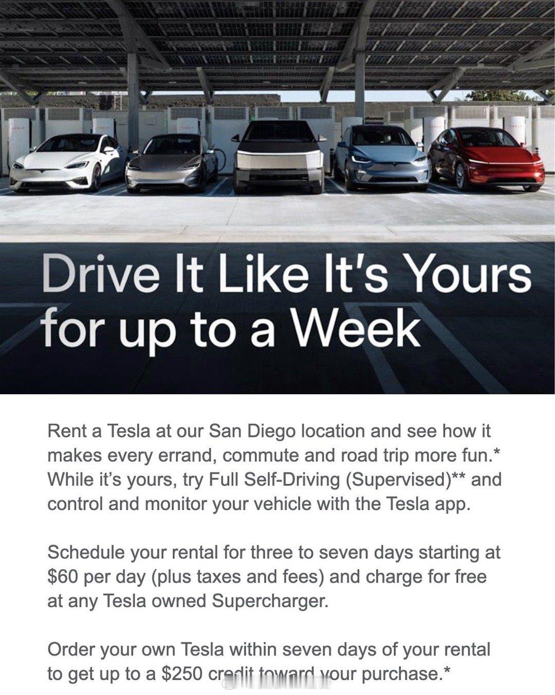 特斯拉在美国部分门店推出全新汽车租赁计划。租用3-7天，起价每天60美元，包含F