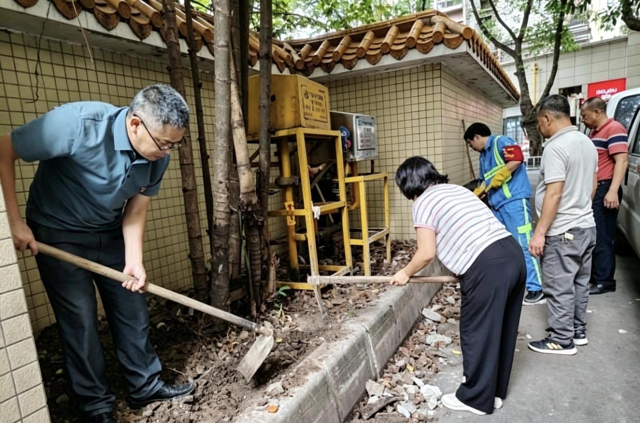 近日，越秀区环卫设施养护所在三角市公厕周边组织开展”复绿”活动，工作人员分工协作