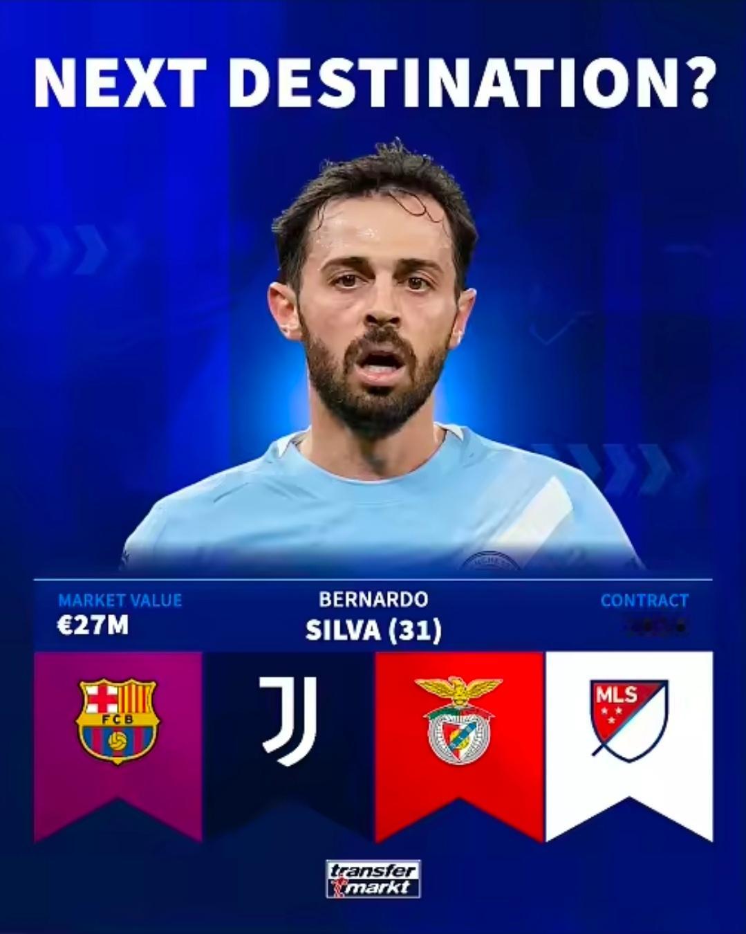 B席离队倒计时！德转四大下家出炉，巴萨尤文最被看好曼城B席确定今夏离队，德转对其