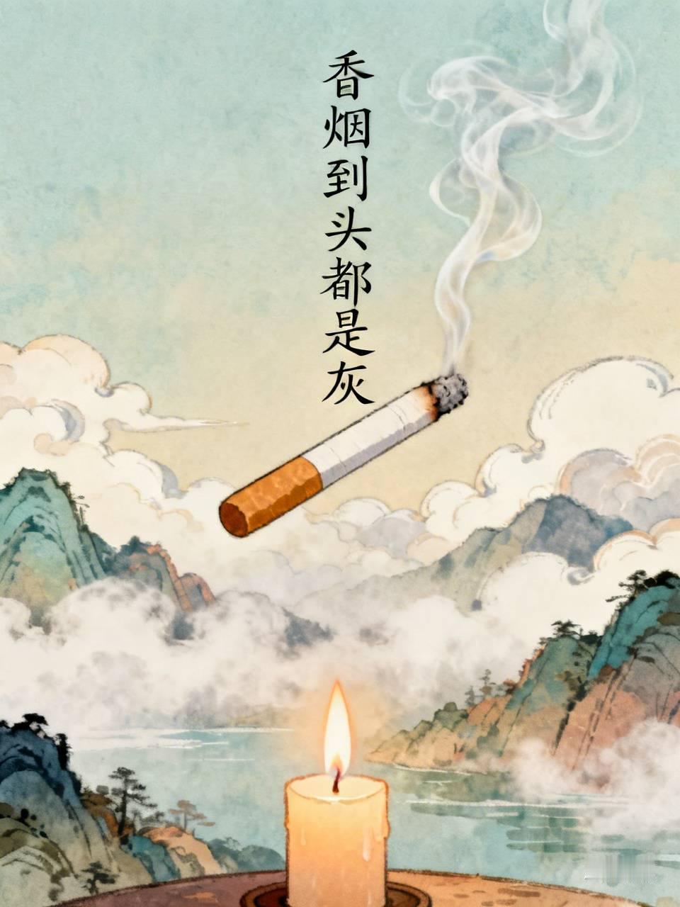 香烟到头都是灰，
焟炬燃尽全为泪。
荣华富贵皆浮云，
人生到头烟一缕。
上联：香