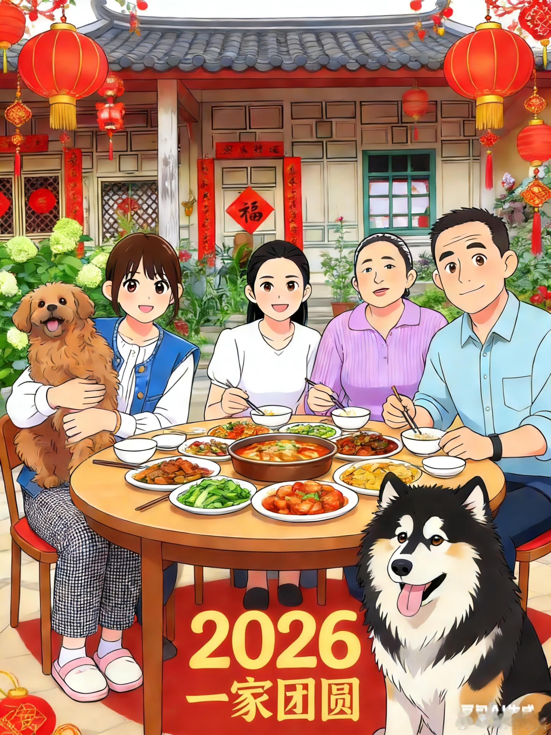 丙午新岁围炉坐，笑语融香入满桌。萌宠相伴添年味，马年鸿运，家宅福暖万事兴。希望大