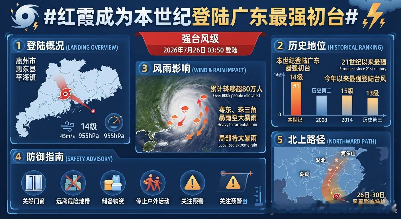 红霞成为本世纪登陆广东最强初台 今年第12号台风“红霞”（强台风级）已于7月26