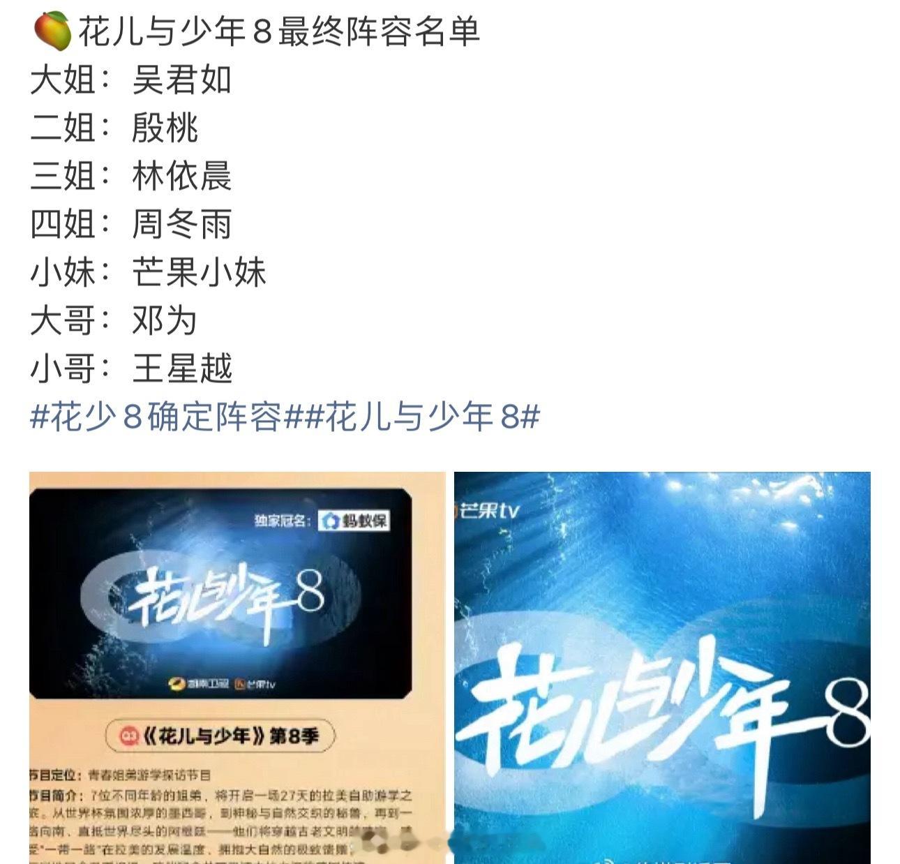 花少8确定阵容花少8阵容定了，这个阵容好无聊啊，感觉没什么看点啊吴君如 殷桃 林