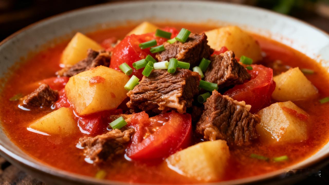 番茄土豆烧牛腩
 
牛腩切方块，在清水里泡去血水，冷水下锅焯出浮沫，捞起用温水冲