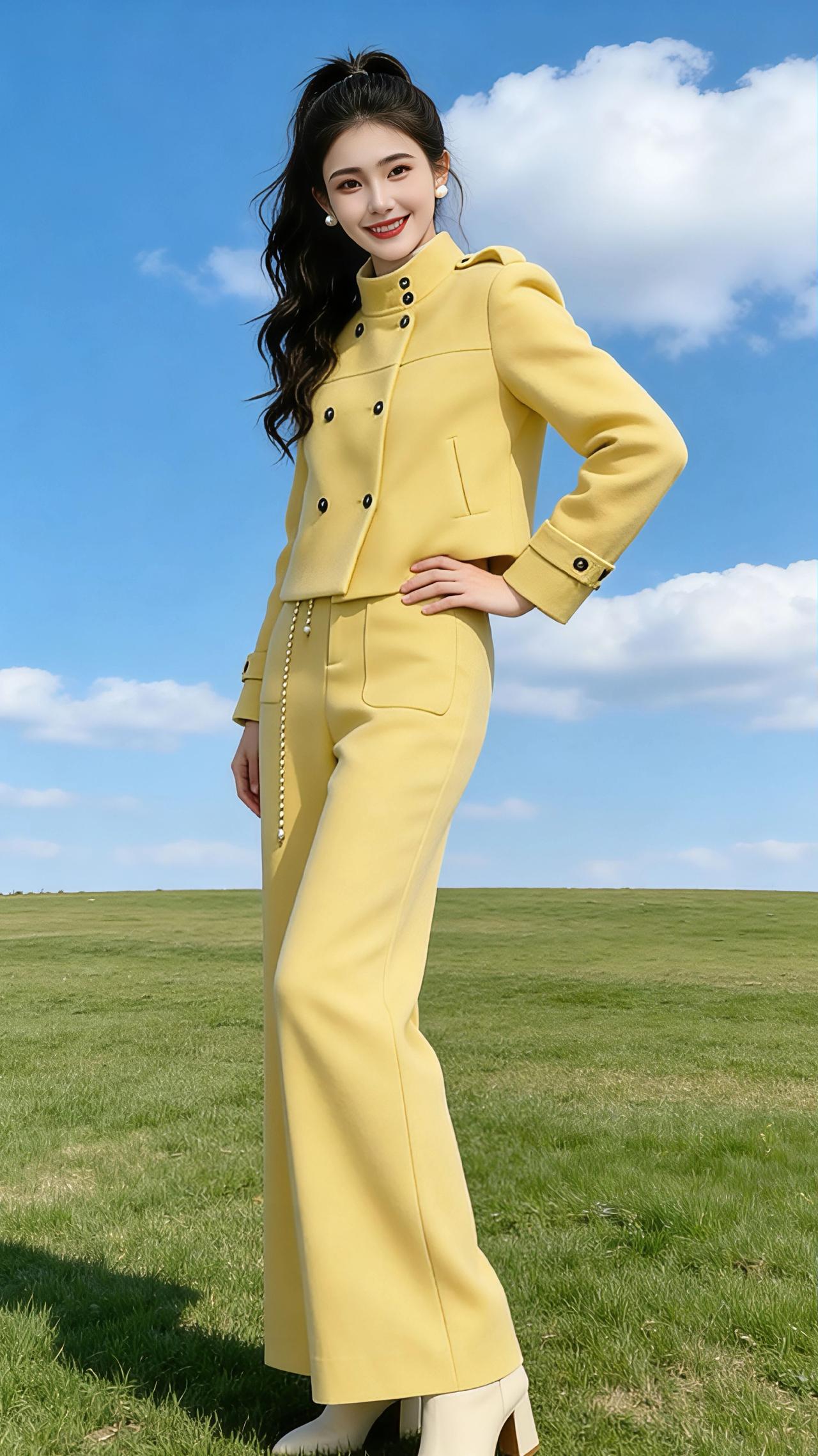 风掠过草原，把阳光揉成碎金，落在她明黄的衣料上。
 
那是一身暖得像初阳的套装，