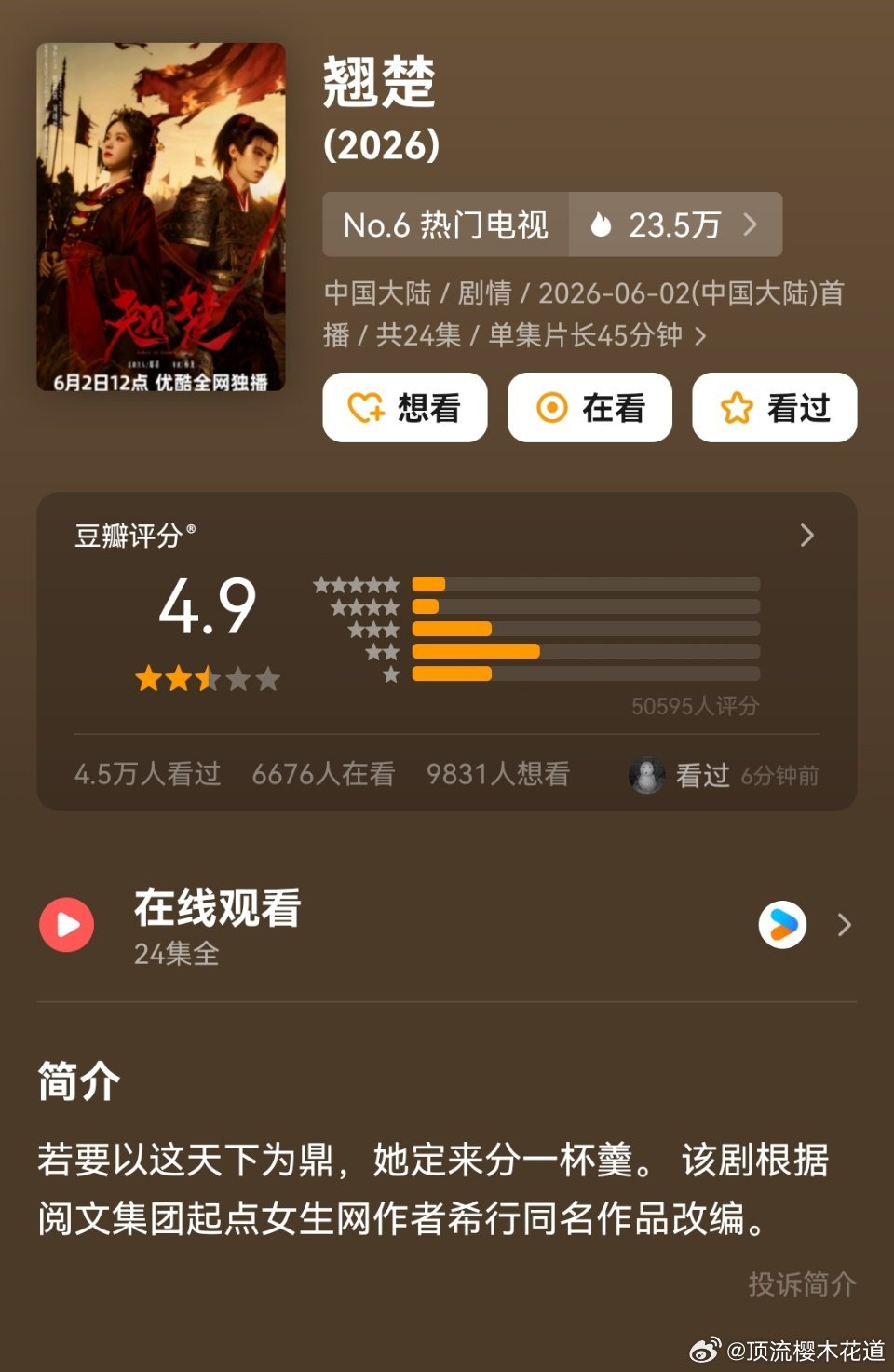 翘楚豆瓣开分4.9分，50595人参与评分咋这么低，剧情感觉还可以啊炽夏豆瓣开分