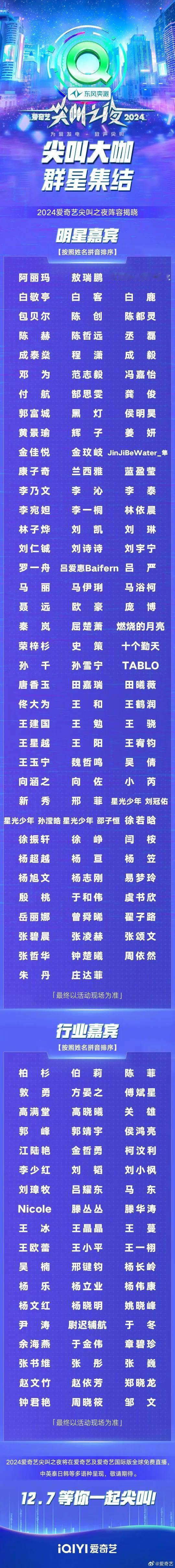2024爱奇艺尖叫之夜嘉宾全阵容官宣