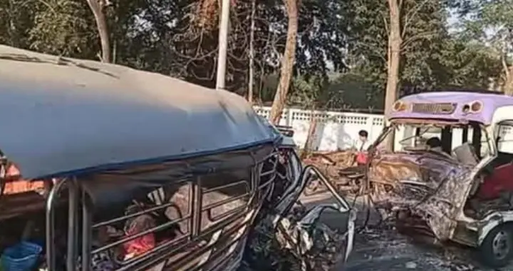 缅甸仰光发生严重车祸，工厂接送车与客车相撞，致5死18伤